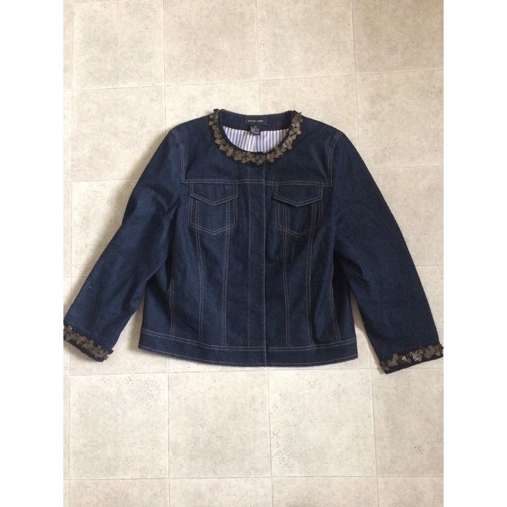 Womens FOCUS 2000 Embellished Denim Jean Lined Snap Buttons JACKET Size 14
